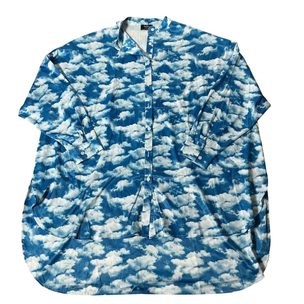 Dressed in Lala Lagenlook Blue Sky Cloud Print Oversized Shirt Womens S